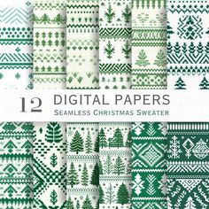 twelve green and white christmas digital paper patterns