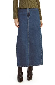 Made from nonstretch denim in a medium wash, this closet-staple maxi skirt is one you'll reach for again and again. 37 1/2" length Zip fly with button closure Five-pocket style Unlined 100% cotton Machine wash, line dry Imported Dark Denim Maxi Skirt, Non-stretch Denim Wide Leg Skirt, Fitted Dark Wash Denim Maxi Skirt, Non-stretch Long Denim Blue Skirt, Full Length Non-stretch Denim Blue Denim Skirt, Striped Maxi Skirts, High Rise Skirt, Latest Skirts, Denim Maxi