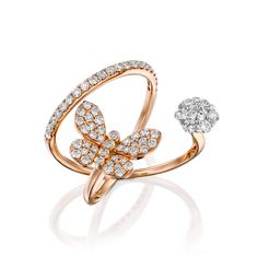 This beautiful butterfly shape diamond ring is a unique peace you do not see every day. 18k butterfly rose gold ring combined with natural diamonds creating a shape of a beautiful butterfly with a white gold diamond flower in a unique setting, creating a look of one big diamond. ♥ I use only high quality clean, sparkling natural diamonds ( H - VS ) ♥ This ring is set with 68 natural diamonds ( total carat of 0.97 ) ♥ The ring is made with great care from 18K rose gold total weight 4.75 ( any gol Butterfly Shaped Diamond Ring Fine Jewelry, Butterfly Shaped Diamond Ring In Fine Jewelry Style, Butterfly Shaped Diamond Ring, Elegant Butterfly Diamond Ring For Gift, Elegant Round Butterfly Ring With Cubic Zirconia, Elegant Cubic Zirconia Butterfly Ring, Elegant Butterfly Ring In Diamond White Cubic Zirconia, Elegant Diamond White Butterfly Ring With Cubic Zirconia, Elegant Diamond White Butterfly Ring In Cubic Zirconia