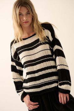 Striped crochet-knit sweater. Boat neckline. Long sleeves. Drop shoulder. Unlined. Rolled collar, cuffs, and hem. Oversized fit. 60% Cotton, 40% Acrylic. Imported. Designed in LA. Model wears size S. Crochet Knit Sweater, Rolled Collar, Oversized Graphic Tee, Vintage Canvas, Loose Sweater, Boat Neckline, Striped Sweater, Fall 2024, Striped Knit