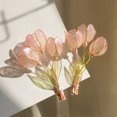 four pink flowers are sitting on top of a piece of paper with long stems attached to them