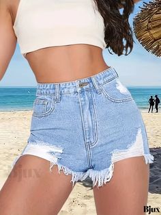 Bjux - Vintage High-Waist Denim Shorts with Raw Hem Distressing - Womens Jeans & Apparel Collection White Casual Jeans For Beach, Casual White Jeans For Beach, White Casual Beach Jeans, White Denim Beach Bottoms, White Summer Jeans For Beach, White Jeans For Beach In Summer, High Waist Frayed Hem Summer Jeans, High-waist Stretch Jeans For Summer, Fitted Denim Jeans For The Beach