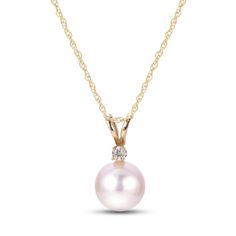 A lustrous Akoya saltwater cultured pearl is topped with a shimmering round diamond in this vibrant women's necklace. Crafted in 14K yellow gold, the 18-inch rope chain secures in place with a spring ring clasp and the pearls measure 6-6.5mm each.