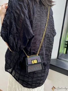 BirdinBag - Rivet-Embellished Mini Black Square Bag with Stylish Metal Chain Rectangular Shoulder Bag With Chain For Night Out, Rectangular Chain Shoulder Bag For Night Out, Chain Shoulder Bag For Night Out, Word Wrap, White Space, Black Square, Square Bag, Metal Chain, Evening Bags