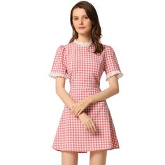 With the above-knee-length style, this Regular Fit plaid-print short-sleeve dress is fitted at the bust and waist. Featuring a lace neckline, and plaid print, it has an invisible side zip. Show your feminine style with this sweet lace-up round-neck dress. Soft fabric ensures all-day comfort. It is a perfect choice for weekends, holidays, and daily wear. A good choice for your wardrobe, a classic plaid design will always be on trend. Plaid Summer Dress, Flowy Chiffon Dress, Vintage Red Dress, Persian Fashion, Kawaii Dress, Floral Shirt Dress, Check Dress, School Dresses, Denim Shirt Dress