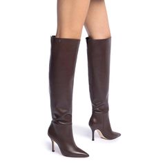 Since the very beginning, the Kate has been a runaway bestseller. So we couldn't help but add a few additional pairs to the mix, now in a super duper thigh-high silhouette. With just enough height to go over the knee, we love wearing these to make a major statement in the boot shape that's forever a favorite. Product Details: Brown Shine kid skin leather Closed pointed toe Pull up boot 3.8 inch stiletto heel Larroudé “L” logo in golden hardware Finely crafted leather sole for support, durability L Logo, Kitten Heel Boots, Platform Flats, Olympia Le Tan, Sandal Platform, Trending Boots, Jennifer Fisher, Super Duper, Pumps Flat