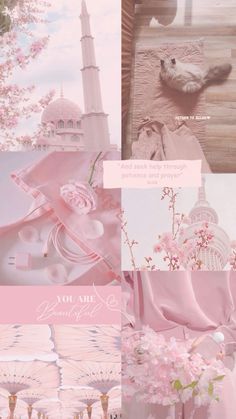 a collage of pink and white images