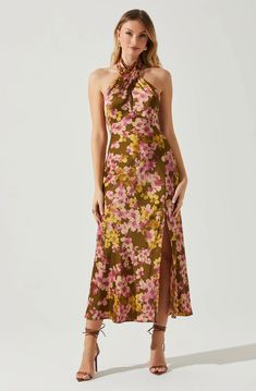 Marissa Satin Halter Neck Floral Midi Dress – ASTR The Label Fall Wedding Guest Dress High Neck, Cocktail Wedding Dress Guest, Wedding Guest Dress High Neck, Cocktail Wedding Dress, Apartment 2023, Aggie Ring, Bold Floral Print, Astr The Label, Grad Dresses