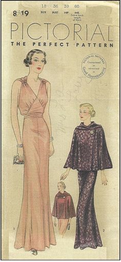 ~ Circa/Date: 1939 ~ Details:   EVENING DRESS and CAPE (Very rare!) ~ Size/Measurements (Inches):    ~ Size:  ~     ~ BUST: 36″     ~ Waist: ~     ~ Hip: 39″  ~ Please Note: ~ You are buying a 'Professional Reproduced' copy of this sewing pattern. Copied from the original sewing pattern. Produced in Full Scale Pattern Pieces ready to cut with full instructions included. Reproduced on high quality 50 gm paper with black ink, durable and easier for reuse. Printed by a Professional Printing Company.   ~ With this product comes an accompanying 'Booklet' and inside the Booklet it includes: ~ A 2-page Instructions and Illustrations on 'How to Adjust Your pattern to your Personal Measurement.' ~ Personal Measurement Chart ~ Body Form Illustrations ~ Fitting Checklist ~ Metric Equivalency Chart ~ 1930s Dress Pattern, Vintage Vogue Sewing Patterns, Patron Vintage, Vogue Vintage, 30s Fashion, Evening Dresses With Sleeves, Jacket Pattern Sewing, Vintage Dress Patterns, 1930s Fashion