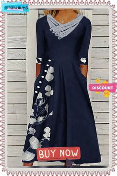 Buckle Casual Loose Dress 2023 Spring Party Dresses With Pockets, Spring Mid-length Dress With Pockets, A-line Midi Dress With Pockets For Party, Loose Dress, Spring Floral, Women's Fashion Dresses, Half Sleeves, Casual Women, Dark Blue