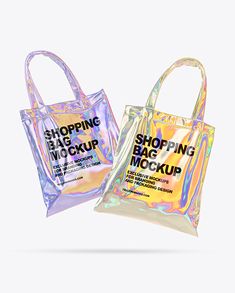 two holographic shopping bags mockup on a white background, one is shiny and the other has an iridescent effect