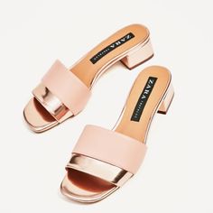 Simple Slides To Give Elegance To Any Outfit... Comfortable 1.5 Inch Heel... Euro Size 37(6.5), 38(7.5), 39 (8), 40(9) Rose Gold Block Heels, Gold Block Heel Sandals, Gold Block Heels, Gold Slides, Heel Sandal, Zara Shoes, Spring Shoes, Block Heels Sandal, Zara Women