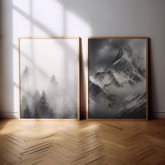 three framed photographs sitting on top of a wooden floor