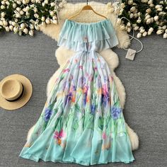 size: 2XL, Color: green Straight Shoulders, Chiffon Long Skirt, Long Chiffon Skirt, Holiday Dresses Women, Dress With Ruffles, Floral Print Chiffon, Holiday Dress, Evening Attire, Print Chiffon