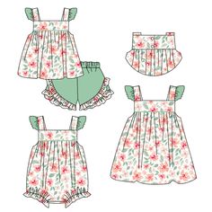 three pieces of clothing with flowers and leaves on the front, one in green and two in pink