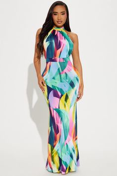 Available In Multi Color. Printed Maxi Dress Mock Neck Tie Halter Backless Stretch Disclaimer Print Placement May Vary 92% Polyester 8% Spandex Imported | Tiana Backless Maxi Dress size 3X by Fashion Nova