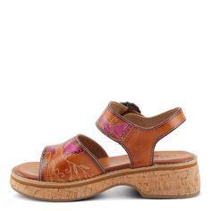 L`ARTISTE Style: KENNA Personal style meets fashion with this charming sandal! This style is so delicate and comfortable that it will surely be the most talked about at all of your events! Upper: Leather Lining: Faux Leather Insole: Faux Leather Outsole: Rubber Closure: Hook and Loop Heel Height: 2" Platform Height: 1" Features: - Crafted from premium, hand-painted, soft leather, these sandals ensure durability and long-lasting comfort. - The cork wrapped, low platform heel offers stability with Adjustable Low Heel Summer Sandals, Adjustable Low Heel Sandals For Summer, Summer Closed Toe Slingback Sandals With Heel Loop, Brown Low Heel Sandals For Beach, Beach Sandals With Low Heel And Heel Loop, Low Heel Sandals With Heel Loop For Beach, Summer Closed Toe Sport Sandals With Heel Loop, Brown Low Heel Sandals For Summer, Summer Cushioned Low Heel Sandals