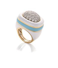 Official | David Webb New York | Cabana Ring, White Enamel, Turquoise Luxury Blue Diamond Ring With Pave Setting, Luxury White Diamond Ring With Single Cut Diamonds, Luxury White Single Cut Diamond Ring, White Diamond Dome Ring For Formal Occasions, Formal White Diamond Dome Ring, Luxury Blue Diamond Ring With Accents, Luxury Blue Diamond Ring With Rose Cut, Blue Luxury Diamond Ring With Rose Cut Diamonds, Luxury White Diamond Ring With Pave Setting