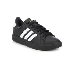 Step up your sneaker game with the Women's Adidas Grand Court 2.0 Sneakers! These stylish kicks bring a fresh twist to a retro classic, boasting sleek lines and the iconic three stripes. With cushioned insoles and a chic design, every stride feels like a grand entrance. Synthetic leather upper with padded colllar and fabric lining, Lace-up closure for a custom fit, Classic round toe, Cloudfoam Comfort insole and midsole system for all-day comfort, Rubber traction outsole, adidas® branding detail Adidas Grand Court, Adidas Branding, Sneaker Games, Grand Entrance, Black Adidas, Chic Design, Synthetic Leather, Sneakers Black, Step Up