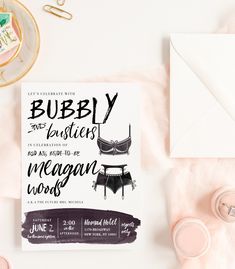 "Hello and welcome to Kitty Meow: A Creative Boutique Introducing Kitty Meow's Bubbles & Bustiers Lingerie Shower Brunch Invitations for Bride to Be! Interested in this design, but for a different occasion? No problem! All the important details for purchasing this invitation suite: After placing your order please send all event info to cat [!at] kittymeowboutique.com or Etsy message me. All digital proofs will be messaged by next business day. Order will be shipped out 2 days after final pro Bachelorette Lingerie Party, Vintage Bridal Shower Invitations, Modern Bridal Shower Invitations, Las Vegas Bachelorette Party, Bridal Shower Brunch Invitations, Vegas Bachelorette Party, Lingerie Bridal, Bustier Lingerie, Rustic Bridal Shower Invitations