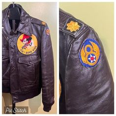 Vintage 1950's Golden Fleece Bomber / Flight Jacket, A-2 style. Made from 100% leather. It is brown in color. Has 2 snap down front pockets. Has Talon zipper pulls. Features 918th Bomb Wing, "The Muskateer" patch on front left chest, 8th Air Force patch on the shoulder , US Air Force Patch on right shoulder, ( it is barely hanging on, it will be removed and placed in the pocket, so as to not get lost) and gold major insignias on the shoulder straps. The cuffs and waist are banded, material has no damage.  Size 44R. 48" around at armpit, 25" long & 27"sleeves. Brown Leather Military Outerwear, Vintage Winter Biker Jacket With Double-needle Stitching, Vintage Leather Jacket With Double-needle Stitching For Winter, Retro Brown Biker Jacket With Pockets, Vintage Biker Jacket With Double-needle Stitching For Fall, Vintage Winter Biker Jacket With Flap Pockets, Vintage Biker Jacket With Flap Pockets For Winter, Fitted Military Brown Outerwear, Vintage Brown Leather Jacket With Flap Pockets