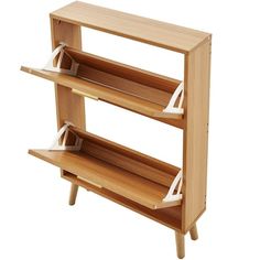 a wooden shelf with two open shelves on it