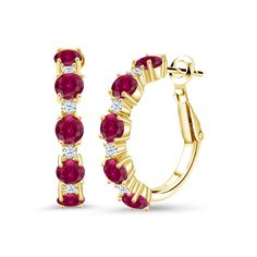 PRICES MAY VARY. Elegant Gemstone Contrast: Elevate your style with the captivating allure of hoop earrings featuring a striking combination of red created ruby and white zirconia. The round 4mm created ruby and 1.9mm white zirconia stones create an eye-catching contrast. Luxurious Gold Plating: The 18K yellow gold plated silver setting enhances the beauty of the gemstones, offering both elegance and lasting durability. The gold tone adds warmth and sophistication to the earrings. Exquisite Gems July Birthstone, Diamond Hoop Earrings, Gem Stone, Gold Plated Silver, 18k Rose Gold, Earrings For Women, White Diamond, Rose Gold Plates, Online Jewelry