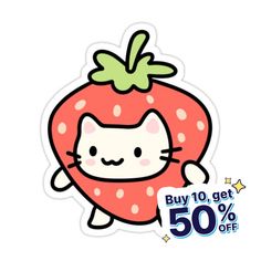 a sticker with an image of a strawberry and the words buy 10 get 50 % off