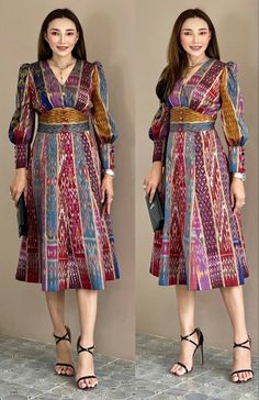 Dress Tenun Kombinasi, Tenun Fashion, Dress Batik Kombinasi, Dress Tenun, Modern Filipiniana Dress, Model Batik, Batik Dress Modern, Thai Silk Dresses, Batik Skirt