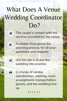 what does a venue wedding coordrator do? - the couple's contact with the services provided by the venue is available throughout the planning process for all your questions and