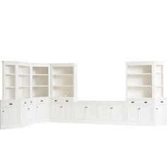 a white bookcase with two open shelves on each side and one closed shelf in the middle