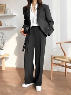 Gender Neutral Pant Suit, Black Coat And Pants Women Formal, Women In Pant Suits, Fall Office Lady Suits In Solid Color, Fall Office Lady Solid Color Suits, Fall Office Lady Solid Suits, Fall Season Solid Color Office Lady Suits, Solid Long Sleeve Suits For Office Wear, Solid Color Long Sleeve Suits For Office