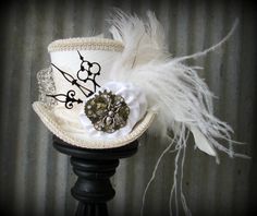 White Linen Queen Bee Steampunk Wedding, Alice in Wonderland Mini Top Hat, Tea Party, Mad Hatter Hat, Bridal Shower,cog gear hat, clock hat Clock Hat, Punk Wedding, Steampunk Theme, Alice In Wonderland Wedding, Steampunk Hat, Style Steampunk