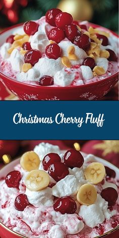 christmas cherry fluff trifle with banana slices and cherries in a red bowl