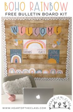 a wooden bulletin board with the words hello kitty on it and a laptop in front of it