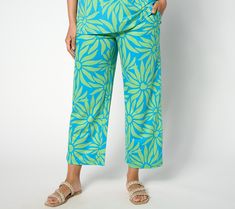 These Cabana Knit crops make our short list of must-haves summer essentials. Their fun floral print is giving us alll the good vibration feels! From Belle Beach by Kim Gravel. Summer Printed Loungewear Pants, Summer Printed Pants For Loungewear, Spring Patterned Stretch Bottoms, Comfortable Spring Vacation Bottoms, Casual Patterned Bottoms For Spring, Trendy Summer Loungewear Pants, Tropical Stretch Bottoms With Floral Print, Stretch Tropical Bottoms With Floral Print, Summer Beach Pants With Floral Print