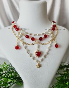 "Romantic Layered Beaded Fairycore Necklace is crafted with Red Czech beads, glass pearl beads and gold plated  brass chains and accents . It is 14\" and has an extansion chain. If you want to change the length,I can customize this product for you.  Please do not wear the necklace while sleeping, showering or doing sports. I advise you to try to keep it away from water, chemicals and perfumes. If you have any request please do not hesitate to ask. Thanks for stop by For more visit my shop: ExangelsJewelry.etsy.com" Cheap Romantic Heart Beads Necklace, Fairycore Beaded Pearl Jewelry, Fairycore Pearl Beaded Jewelry, Cottagecore Necklace, Fairycore Necklace, Beaded Pearl Necklace, Handmade Greeting Card Designs, Handmade Jewelry Necklaces, Layered Beaded Necklaces