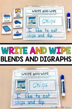 write and wipe blends and digrash worksheet with pictures on it