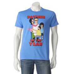 Brand New With Tags, Officially Licensed Men's Size Graphic Tee In Light Blue Heather Fabric With The Family From The Bob's Burgers Cartoon Tv Show In Color With The Words Father Of The Year Above And Below In Red And Black Letters. Great For Father's Day Or Any Time Of Year! Blue Relaxed Fit T-shirt For Father's Day, Blue Cotton T-shirt For Father's Day, Blue Tops With Screen Print For Father's Day, Blue Screen Print Tops For Father's Day, Blue Father's Day T-shirt With Screen Print, Blue Letter Print T-shirt For Family, Father's Day Graphic Print Fan Merchandise Tops, Casual Short Sleeve Tops For Father's Day, Casual Blue Shirt For Family Occasions