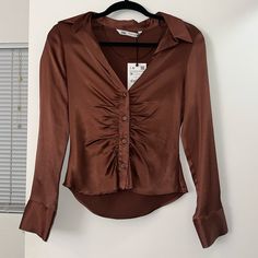 Nwt. Beautiful Satin Brown Blouse. Zara Cape, Sequin Halter Top, Stretchy Crop Tops, Lace Trim Tank Top, Brown Blouse, Smock Blouse, Sequin Blouse, High Neck Blouse, Womens Sleeveless Tops