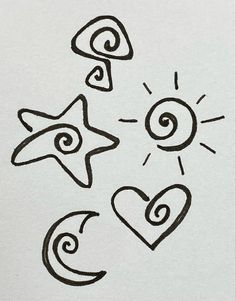 three stars and two hearts are drawn in black ink on white paper with the sun shining behind them