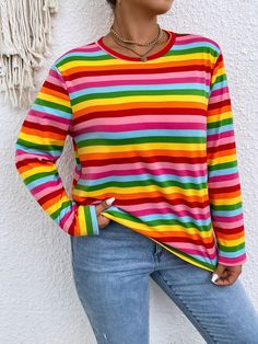 Plus Rainbow Striped Tee Graphic Tees Women Tops Multicolor Casual  Long Sleeve Fabric Rainbow Stripe  High Stretch  Women Plus Clothing, size features are:Bust: ,Length: ,Sleeve Length: Striped Shirt Men, Rainbow Shirt, Rainbow Stripes, Color Stripes, Striped Tee, Plus Size T Shirts, Colorful Fashion, Plus Size Tops, Striped Shirt