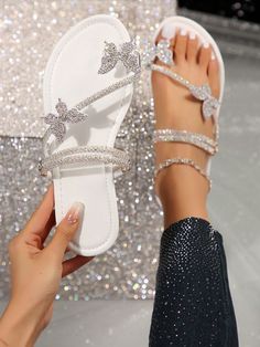 Colorful Rhinestone Bowknot Multiple Straps Women Slide Sandals, Fashionable Silver Slipper For Summer/Autumn White Glamorous    Animal,Plain    Women Shoes, size features are:Bust: ,Length: ,Sleeve Length: Glamorous Women, Silver Slippers, Glamour Women, Butterfly Rhinestone, Women Flat Sandals, Nice Sandals, Rhinestone Flats, Women Slides, Toe Ring