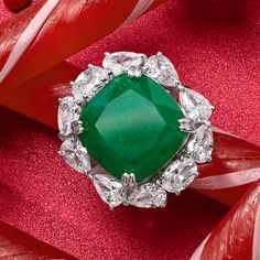 Ross-Simons - Italian 10.00ct Simulated Emerald, 4.20ct t. w. Cubic Zirconia Cocktail Ring Size 5. This glamorous cocktail ring is just itching to be shown off! Centered by an impressive 10.00 carat square cushion-cut simulated emerald, the ornate design finishes with a sparkling wreath-like halo of 4.20 ct. t. w. oval and pear-shaped CZs. Crafted in Italy of sterling silver. 7/8" wide. CZ and simulated emerald cocktail ring. CZ weights are diamond equivalents. Emerald birthstones are the perfec Emerald Cocktail Ring, Emerald Cocktail, Emerald Birthstone, May Birthday, Ornate Design, Cocktail Ring, 4 20, Cushion Cut, Cocktail Rings