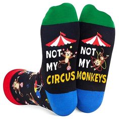 Monkey SocksFeaturing a lively circus scene with naughty monkeys. These funny socks with sayings "NOT MY CIRCUS NOT MY MONKEYS" are perfect for both men and women.Size & PackageOur unisex design fits most men's US size 6-13 feet and most women's US size 7 and up. Each exclusive gift box contains one pairs of funny socks.Quality MaterialOur novelty socks are made of 80% Cotton, 15% Polyamide and 5% Elastane to ensure they are soft, comfortable, s... Funny Letter Print Socks As Gift, Funny Letter Print Socks Gift, Fun Black Socks As Gift, Funny Multicolor Socks For Gifts, Funny Multicolor Socks For Gift, Circus Scene, Funny Socks For Men, Circus Monkey, Squirrel Gift