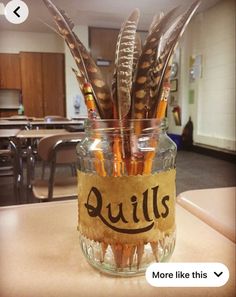 a glass jar filled with lots of writing on top of a table