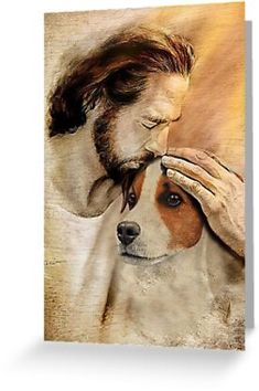 a painting of a man holding his dog's face with both hands greeting card