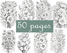 the 50 page coloring book features flowers and leaves