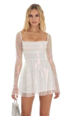 Brooks Iridescent Sequin Flare Dress in White | LUCY IN THE SKY Long Sleeve Sequin Dress, Party Mini Dress, Sequin Dresses, Skater Dresses, Sequin Party Dress, Hoco Dresses, Colorblock Dress, Birthday Dresses, Trending Dresses