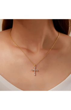 Show your faith with an elegant pavé simulated-diamond cross pendant necklace crafted in sterling silver bonded with platinum and gold. 18" length; 2" extender; 1/2"W x 1"L pendant Total simulated diamond weight: 0.38ct. Sterling silver bonded with platinum and gold/simulated diamond Imported Diamond Cross Pendants, Necklace Craft, Diamond Cross, Cross Pendant Necklace, Cross Pendant, Size 20, Platinum, Nordstrom, Pendant Necklace